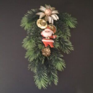 Vintage Flocked Santa w/ Plastic Christmas Pine Spruce Sprig Wall Hanging